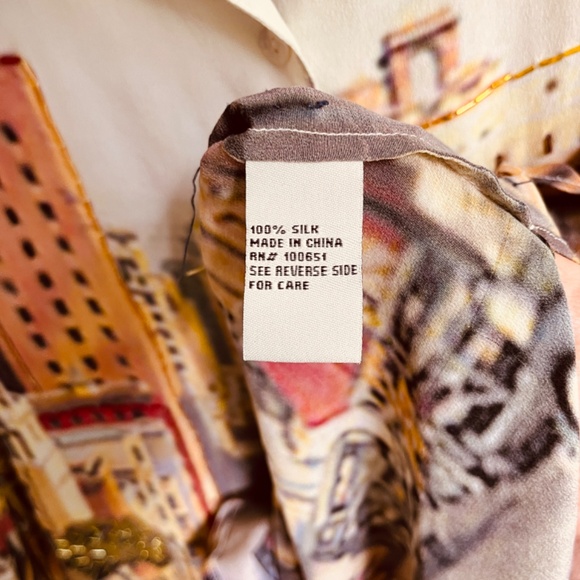 Vintage Printed San Fransisco Trolley Car Silk Gray Ivory Beaded Blouse Shirt L - Picture 11 of 15